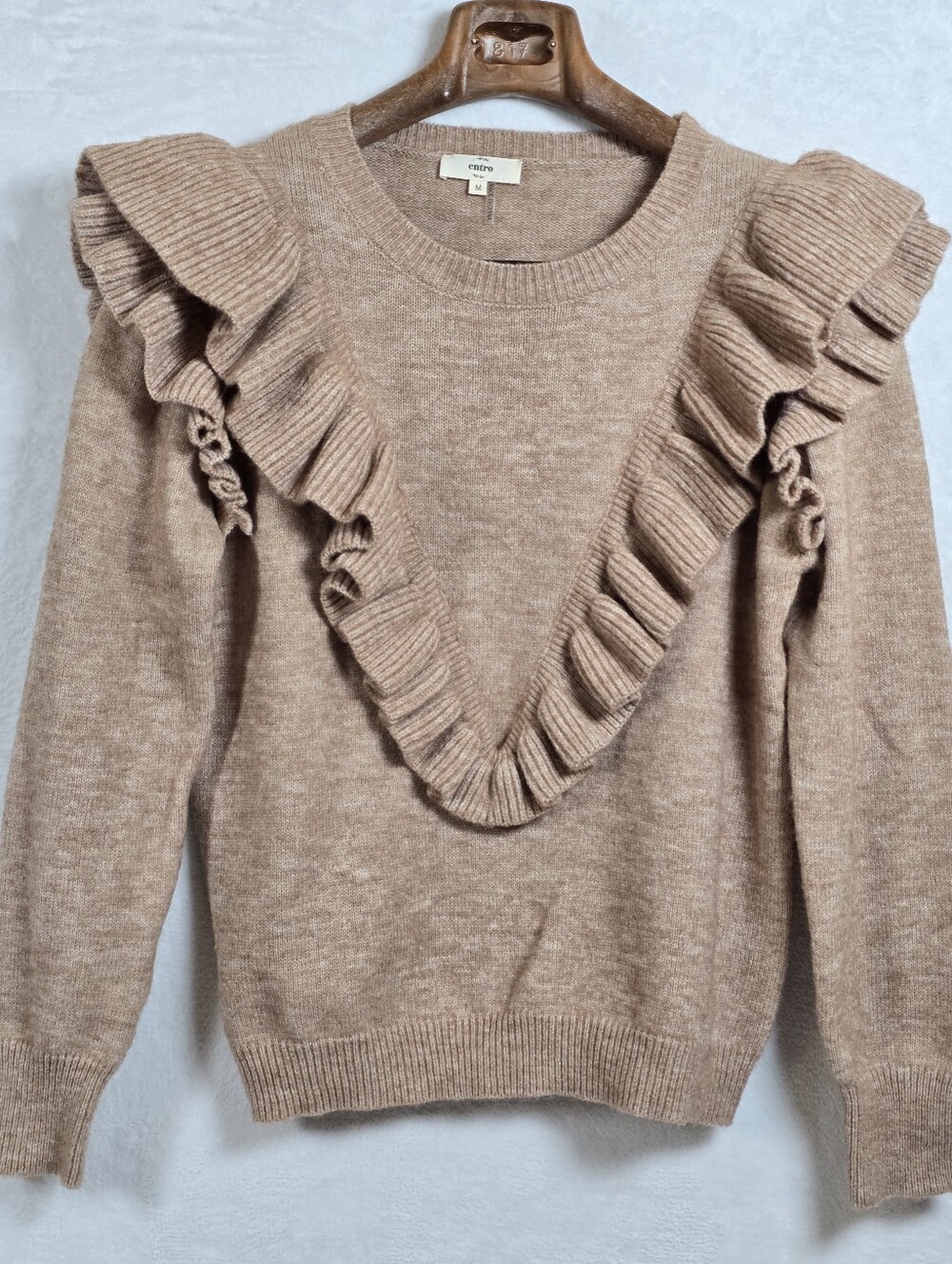 Entro Light Brown Ruffle Trim Knit Pullover Sweater Size Medium